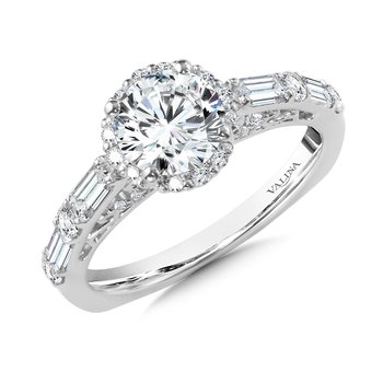 Vintage Straight Halo Engagement Ring w/ Baguette Diamonds & Spiral Diamond Undergallery  R1062W
