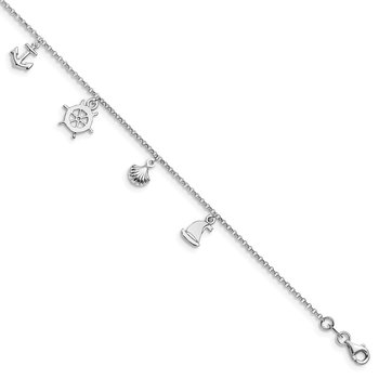 Sterling Silver Rhodium-plated Sea Life 9in Plus 1in ext. Anklet FA19