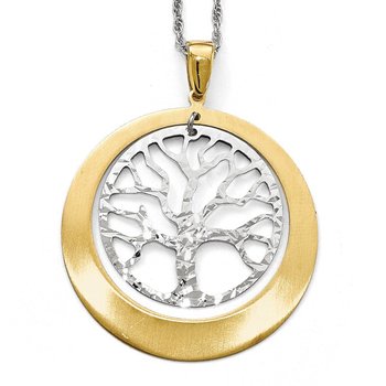 Sterling Silver RH-plat and Gold-tone Textured Tree Pendant QLF624