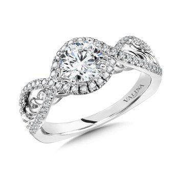Crisscross Diamond Halo Engagement Ring w/ Polished Gold Spiral Undergallery R1058W
