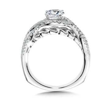 Crisscross Diamond Halo Engagement Ring w/ Polished Gold Spiral Undergallery R1058W