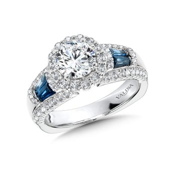Wide Tapered-Baguette Sapphire & Round Diamond Halo Engagement Ring w/ Surprise Diamond R1052W-BSA