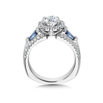 Wide Tapered-Baguette Sapphire & Round Diamond Halo Engagement Ring w/ Surprise Diamond R1052W-BSA