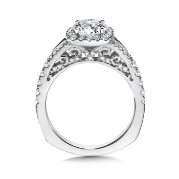 Vintage Split Shank Cushion-Shaped Halo Diamond Engagement Ring  w/ Spiral Diamond Undergallery R1038W