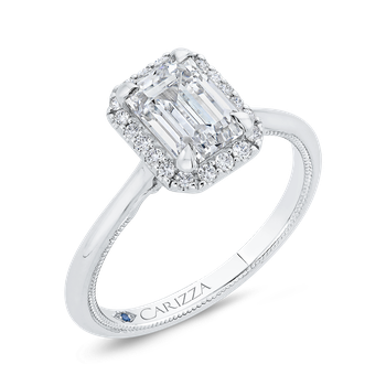 14K White Gold Emerald Cut Diamond Halo Engagement Ring (Semi-Mount) CAE0425E-37W-1.10
