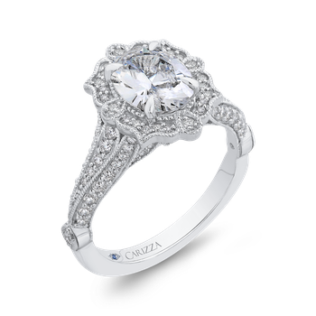 14K White Gold Oval Diamond Halo Vintage Engagement Ring (Semi-Mount) CAO0258EH-37W-1.50