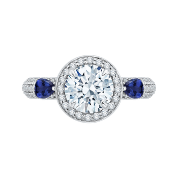14K White Gold Round Diamond Halo Engagement Ring with Sapphire (Semi-Mount) CA0217E-S37W-1.50