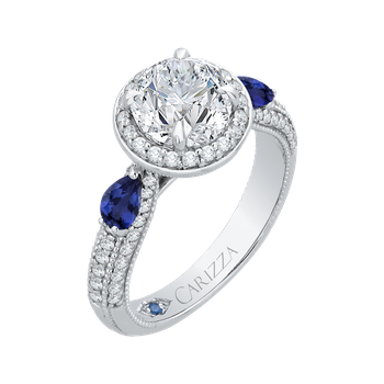 14K White Gold Round Diamond Halo Engagement Ring with Sapphire (Semi-Mount) CA0217E-S37W-1.50