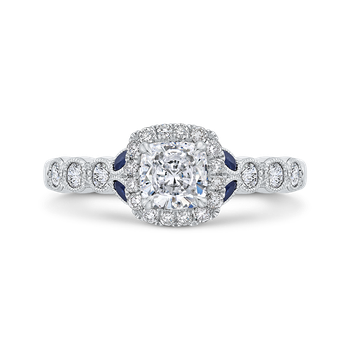 14K White Gold Cushion Cut Diamond Halo Engagement Ring with Sapphire (Semi-Mount) CAU0456EH-S37W-1.10