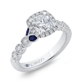 14K White Gold Cushion Cut Diamond Halo Engagement Ring with Sapphire (Semi-Mount) CAU0456EH-S37W-1.10
