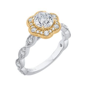 14K Tow-Tone Gold Round Cut Diamond Floral Halo Engagement Ring (Semi-Mount) CA0150EQ-37WY