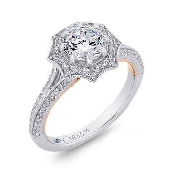 14K Two-Tone Gold Round Diamond Floral Halo Engagement Ring with Split Shank (Semi-Mount) CA0446EH-37WP-1.00